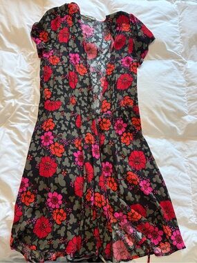 Floral Cap-Sleeve Black Dress with Pink & Red Blooms